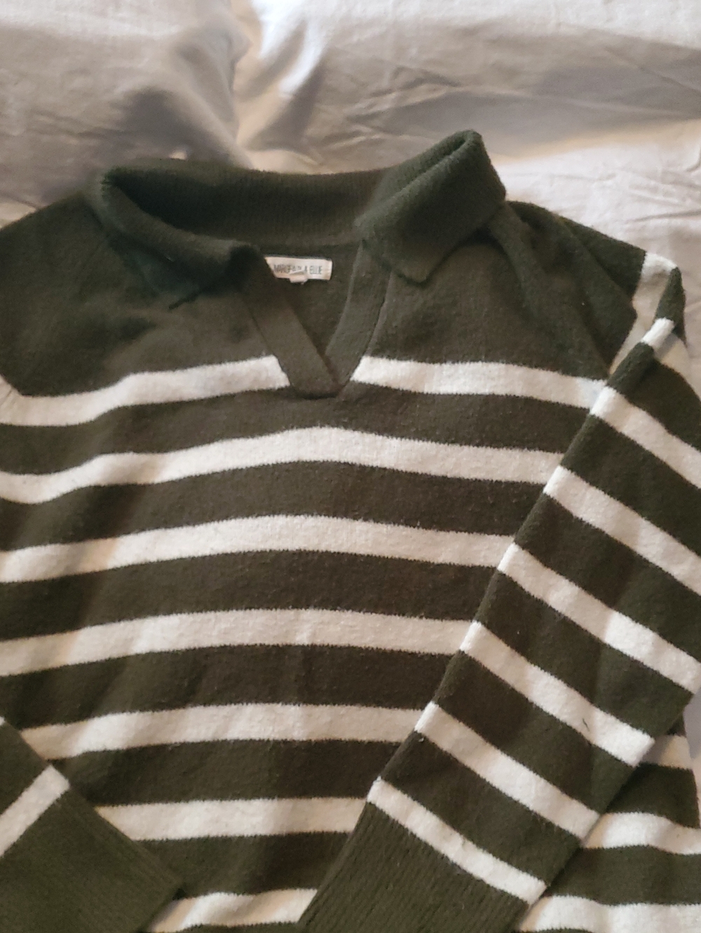 Striped Polo Collar Sweater in Olive and Cream